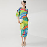 Women's clothing high-end bud dress design sense niche printing bat sleeve loose and thin Miyake medium-length skirt