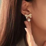 S925 silver needle elegant bow pearl earrings