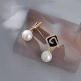 S925 silver needle black diamond pearl earrings