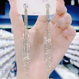 Stylish fringed rhinestone long S925 silver pin earrings