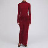 MOMENTLOVER 2025 dresses New autumn new temperament solid color pleated waist slim hip dress dress