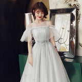White banquet evening dress long  new fairy temperament dream student graduation adult dress