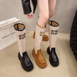2025  Boots Women's popular New Skinny Thick Heel Thick Bottom Brown Round Mouth High Boots Boots Knight Boots