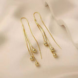 S925 silver needle tassel long small gold bead earrings
