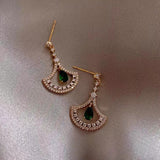 S925 silver needle green water drop full diamond fashion fan earrings