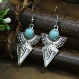 Silver geometric metal turquoise inlaid tassel earrings