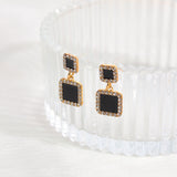 S925 silver needle retro black geometric square diamond earrings