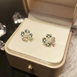 S925 silver needle fashion simple diamond green check pearl clover earrings