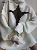 2025 style new sexy mesh perspective vacation loose knitting hollow sleeve personalized turtleneck sweater women