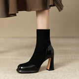 2025  popular autumn and winter retro thick heel short boots women's splicing waterproof table super fire elastic thin boots high heel short single boots