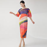 Women's clothing high-end bud dress design sense niche printing bat sleeve loose and thin Miyake medium-length skirt