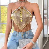 XH234016 2025 hot-selling rhinestone diamond cloth inlaid with acrylic diamond metal fringed chain fashionable backless small vest