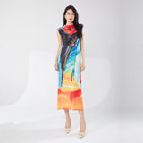 Miyake counter hot-selling dresses women's clothing high-end summer clothing printing sleeveless fashion split temperament elegant skirt