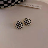 S925 silver needle black and white checkerboard earrings