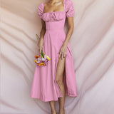 MOMENTLOVER women's clothing New 2025 dresses autumn new  bubble sleeves solid color lace-up slit dresses