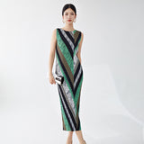 Women's summer dress new high-end round neck medium and long one-step skirt temperament elegant and versatile Miyake skirt tide