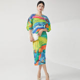 Women's clothing high-end bud dress design sense niche printing bat sleeve loose and thin Miyake medium-length skirt