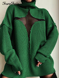 2025 style new sexy mesh perspective vacation loose knitting hollow sleeve personalized turtleneck sweater women