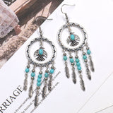 Bird Pendant Long Tassel Turquoise Earrings