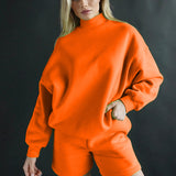 MOMENTLOVER 2025 New autumn 2025 women's clothing set new casual solid color long-sleeved top loose shorts fashion sweater set