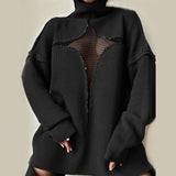2025 style new sexy mesh perspective vacation loose knitting hollow sleeve personalized turtleneck sweater women