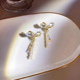 S925 silver needle sweet temperament diamond bow tassel earrings