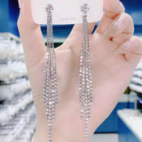 Stylish fringed rhinestone long S925 silver pin earrings
