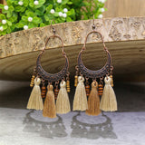 Fashion retro wooden beads hand-woven geometric hollow tassel earrings