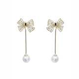 S925 Silver Needle Bow Pearl Fringe Earrings