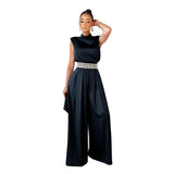 Momentlover Solid Color Wide Leg Sleeveless Shawl Collar Jumpsuits