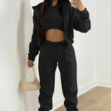 MOMENTLOVER 2025 2025 women's clothing New autumn and winter suit new solid color simple hooded sweater casual fashion sports sweater suit
