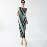 Women's summer dress new high-end round neck medium and long one-step skirt temperament elegant and versatile Miyake skirt tide