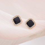 S925 silver needle retro black geometric square diamond earrings