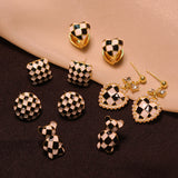 S925 silver needle black and white checkerboard earrings