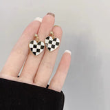 S925 silver needle black and white checkerboard earrings