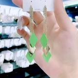 S925 silver needle blue-green long-width tassel earrings