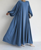 Momentlover Loose Seven-Quarter Sleeves Contrast Color Round-Neck Midi Dresses