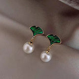 S925 Silver Needle Gingko Green Leaf Elegant Pearl Earrings