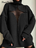 2025 style new sexy mesh perspective vacation loose knitting hollow sleeve personalized turtleneck sweater women