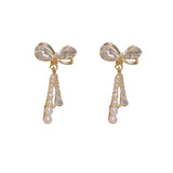 S925 silver needle sweet temperament diamond bow tassel earrings