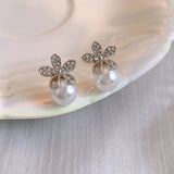 Flower Rhinestone Pearl 925 Silver Needle Earrings