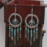 Bird Pendant Long Tassel Turquoise Earrings