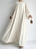 Momentlover Loose Seven-Quarter Sleeves Contrast Color Round-Neck Midi Dresses