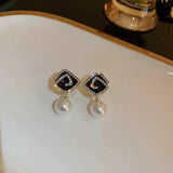 S925 silver needle black diamond pearl earrings