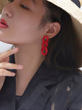 S925 silver needle red acrylic chain earrings