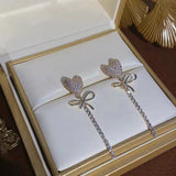 S925 silver needle love bow with diamond tassel earrings