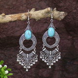 Silver geometric metal turquoise inlaid tassel earrings