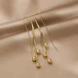 S925 silver needle tassel long small gold bead earrings