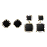 S925 silver needle retro black geometric square diamond earrings