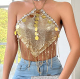 XH234016 2025 hot-selling rhinestone diamond cloth inlaid with acrylic diamond metal fringed chain fashionable backless small vest